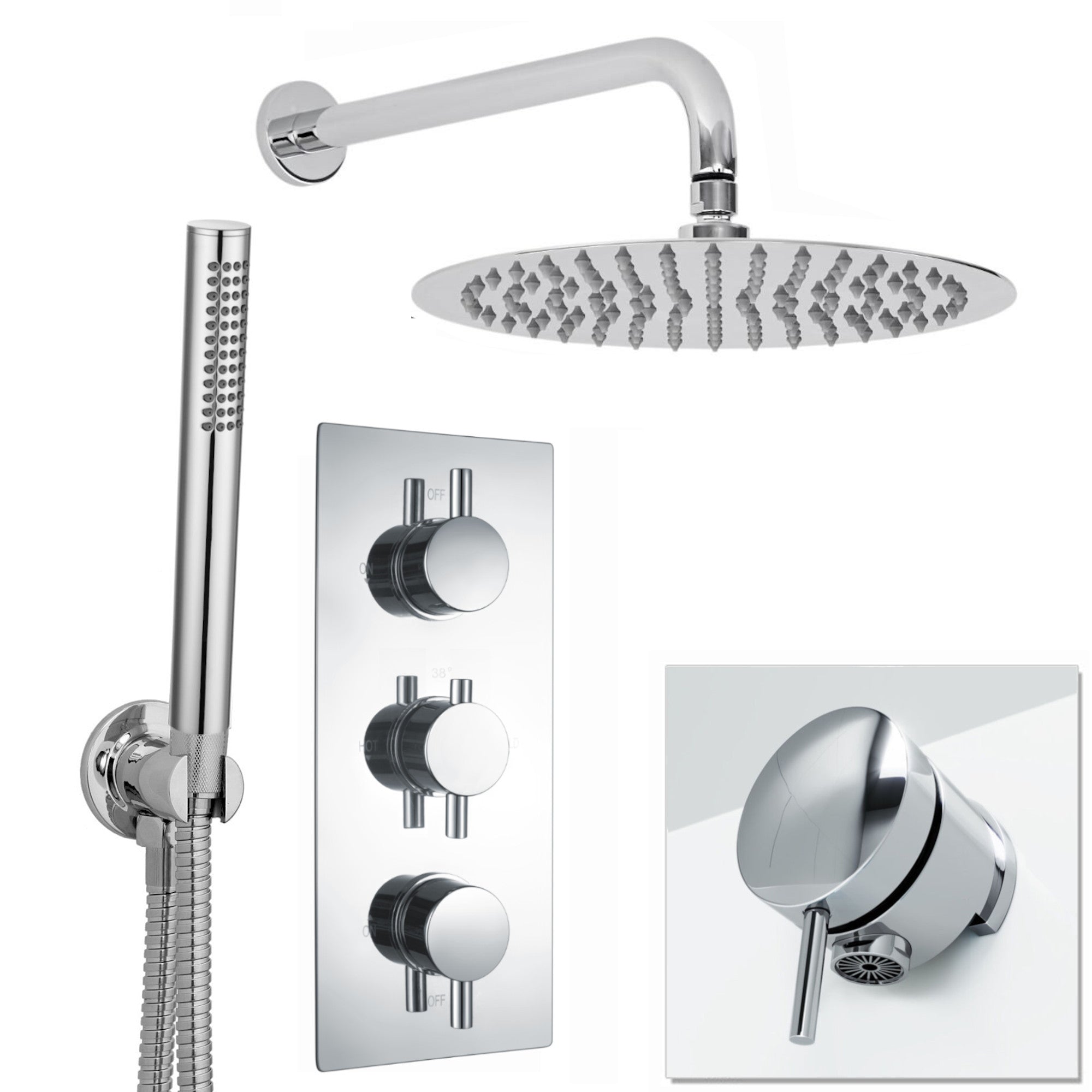 Venice Contemporary Round Concealed Thermostatic Shower Set Incl. Triple Diverter Valve, Wall Fixed 8" Shower Head, Handshower Kit, Bath Filler Waste with Overflow - Chrome (3 Outlet)